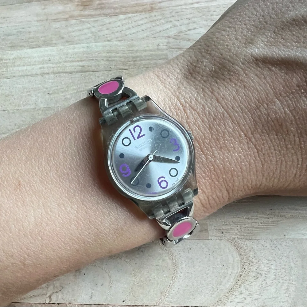 Swatch ladies watch pop art pink and cream bracelet NEW BATTERY